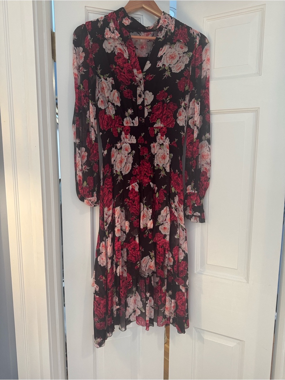 Misa Los Angeles Black Midi Dress with Rose and Blush Floral Print